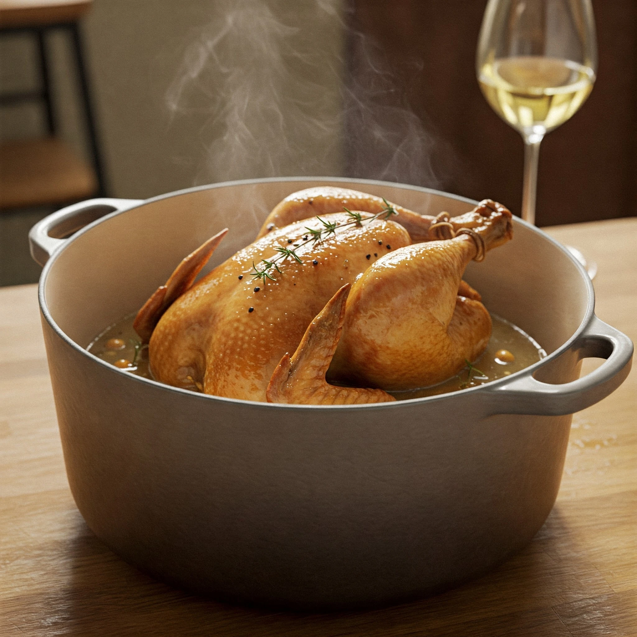 Pintade en cocotte au vin blanc avec légumes et sauce onctueuse