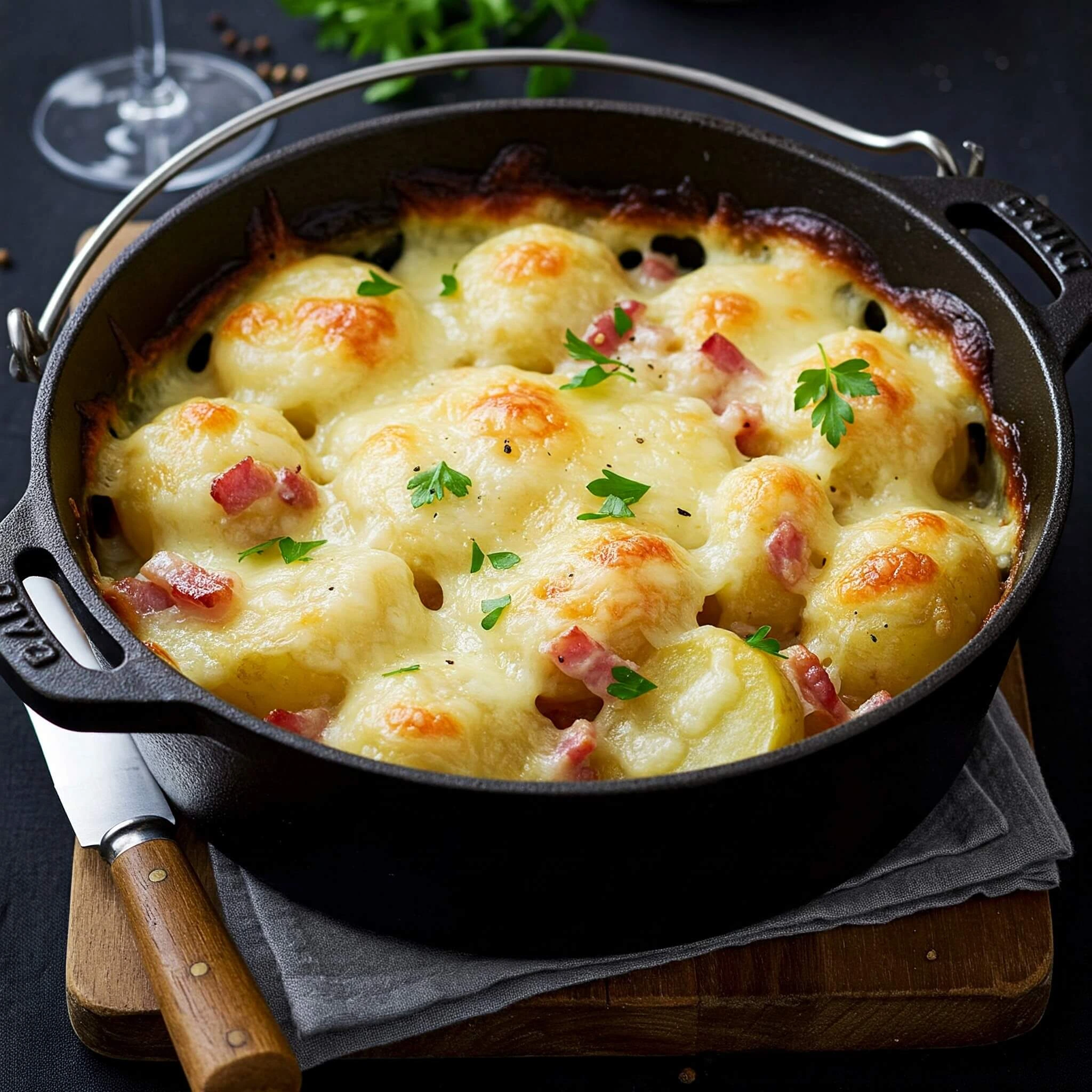 Tartiflette savoyarde gratinée avec reblochon fondant, pommes de terre et lardons, servie dans un plat rustique.