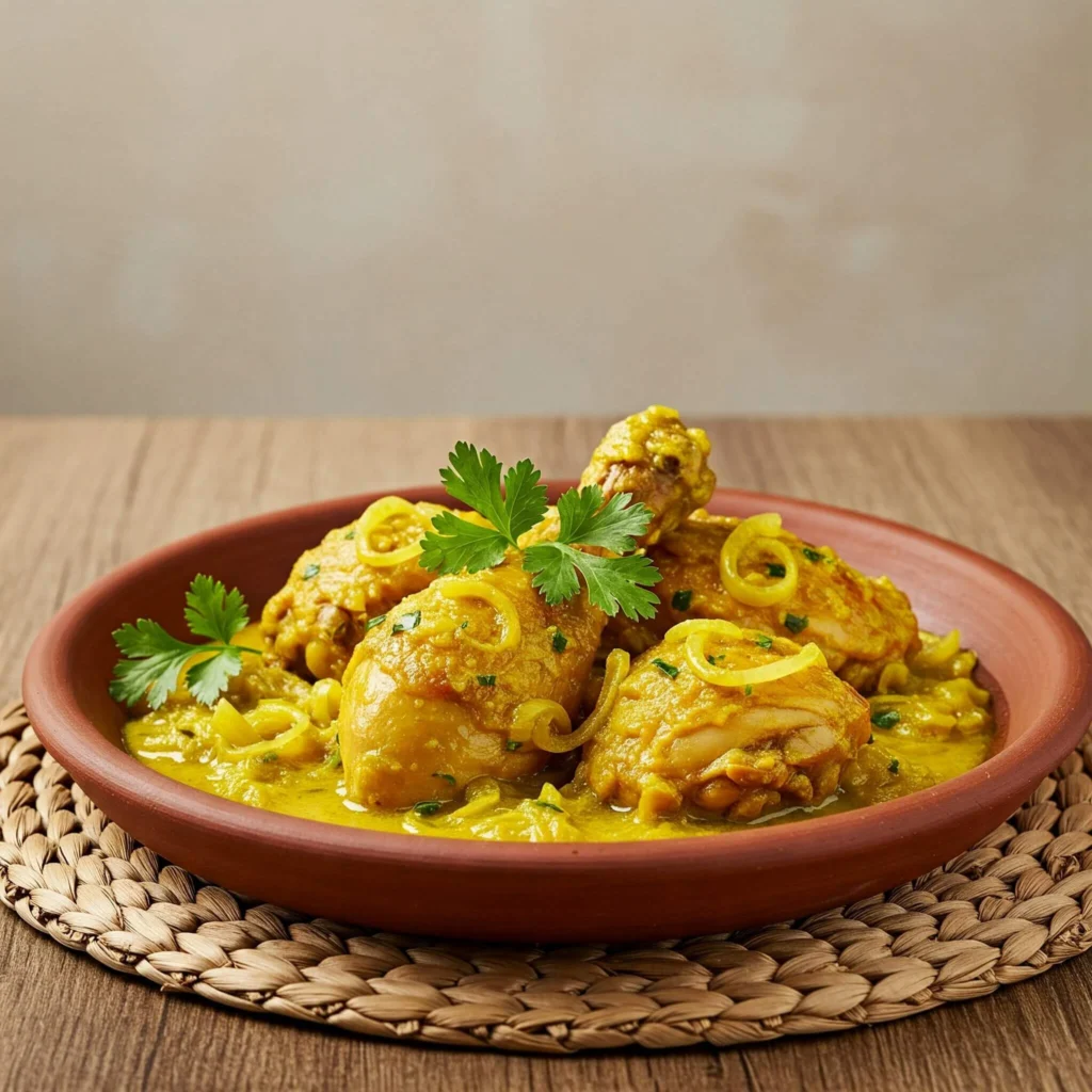 Plat de Yassa au poulet servi avec du riz blanc, oignons confits et citron – recette sénégalaise traditionnelle facile à préparer.
