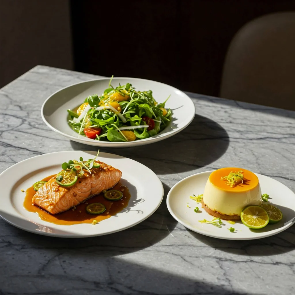 Trois assiettes élégantes présentant des plats raffinés à base de yuzu : saumon mariné, salade fraîche avec vinaigrette au yuzu et crème brûlée citronnée, disposés sur une table de cuisine moderne.