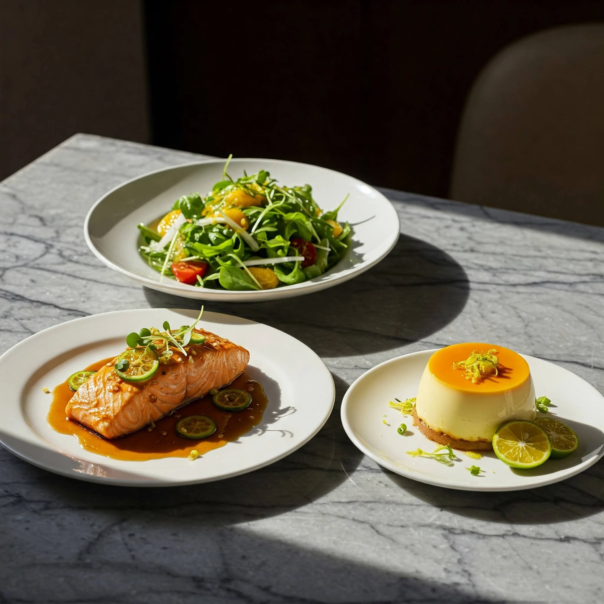 Trois assiettes élégantes présentant des plats raffinés à base de yuzu : saumon mariné, salade fraîche avec vinaigrette au yuzu et crème brûlée citronnée, disposés sur une table de cuisine moderne.