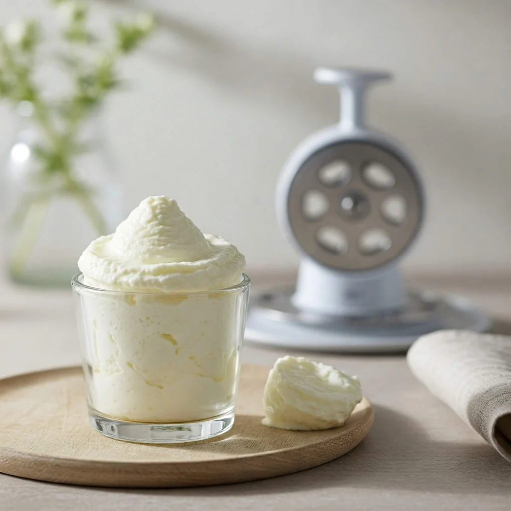 Yaourt nature fait maison dans un pot en verre, préparé avec la yaourtière Seb Multi-Délices