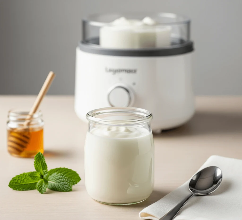 Fromage blanc maison onctueux préparé à la yaourtière dans un pot en verre, prêt à être dégusté