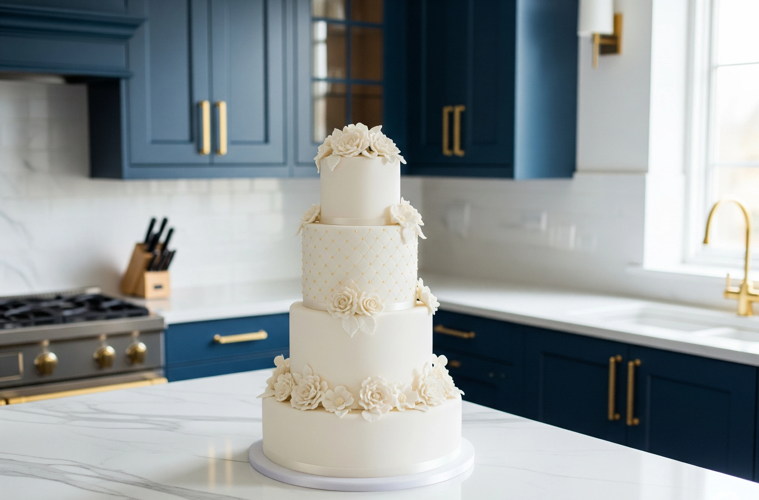 Gâteau de mariage à étages décoré de fleurs comestibles, glaçage lisse et détails élégants — parfait pour une wedding cake recette maison.