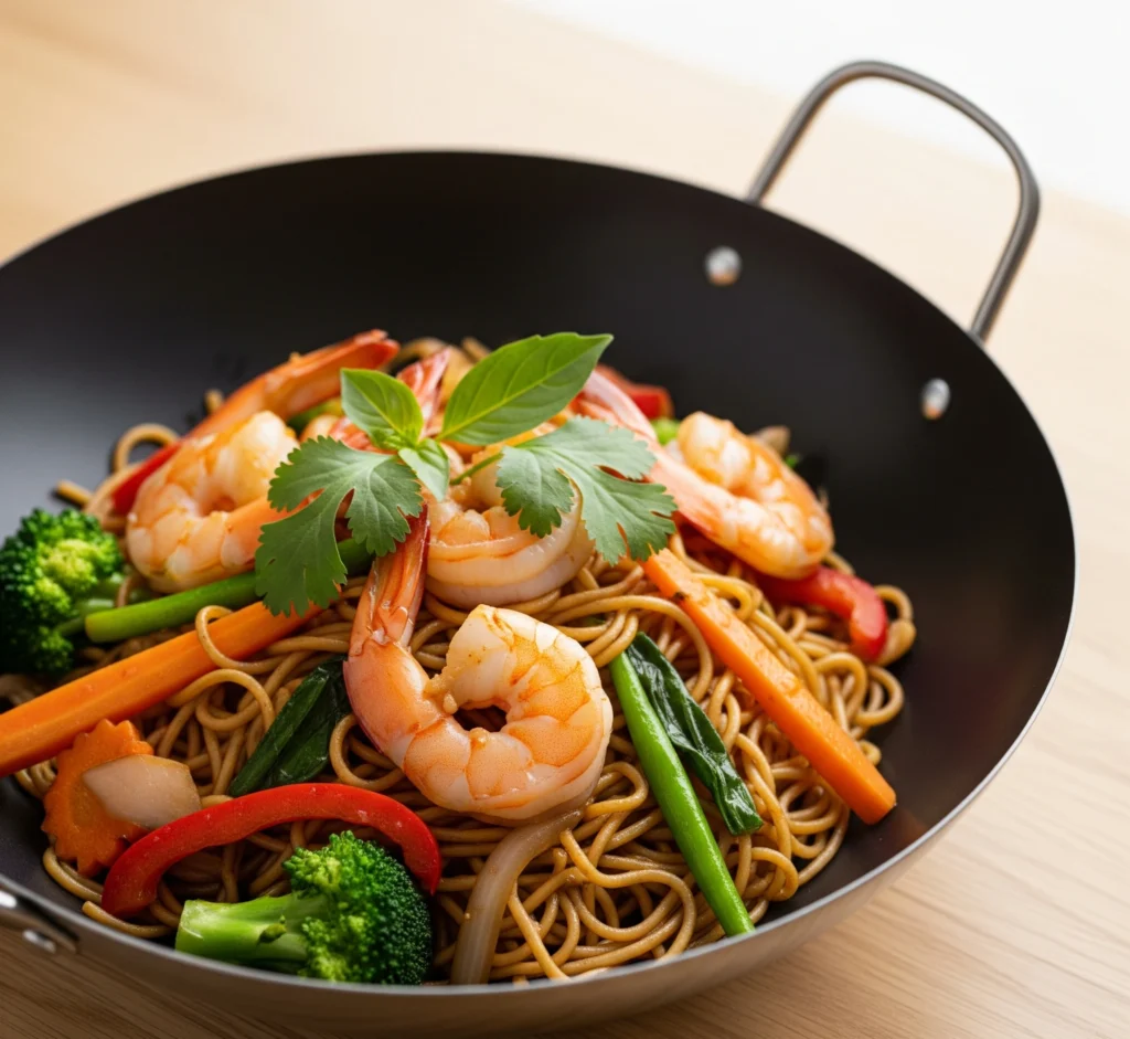 Wok aux crevettes sautées avec légumes croquants, nouilles et sauce soja – recette facile prête en moins de 20 minutes