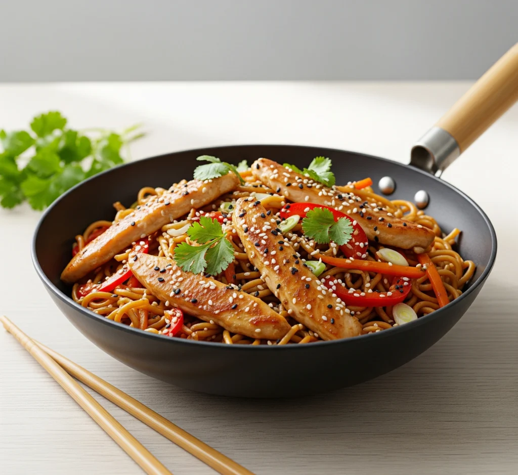 Wok de poulet sauté aux nouilles avec légumes colorés – recette facile et rapide