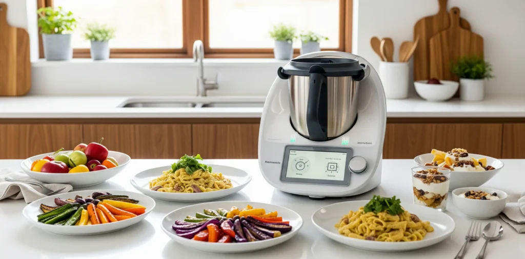 Thermomix sur un plan de travail avec des plats maison rapides et équilibrés pour toute la famille