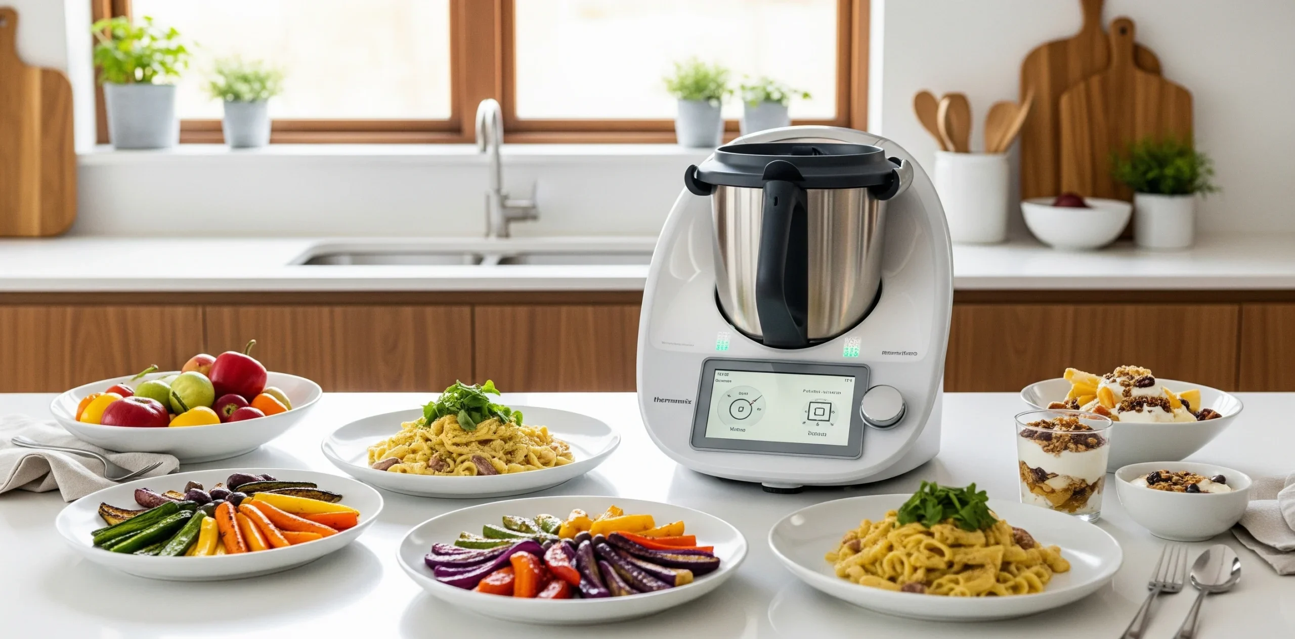Thermomix sur un plan de travail avec des plats maison rapides et équilibrés pour toute la famille