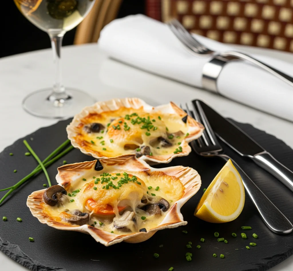 Coquilles Saint-Jacques gratinées au four avec crème et fromage – Recette festive