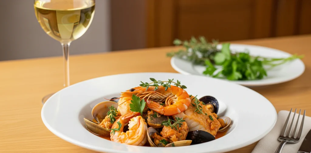 Assiette élégante de Zarzuela, ragoût traditionnel espagnol de fruits de mer et poissons méditerranéens