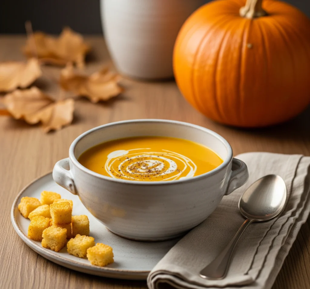 Soupe au potiron veloutée servie dans un bol blanc rustique avec un filet de crème fraîche, croûtons dorés et potiron frais en arrière-plan.