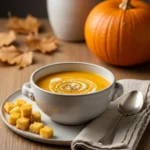 Soupe au potiron veloutée servie dans un bol blanc rustique avec un filet de crème fraîche, croûtons dorés et potiron frais en arrière-plan.