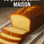 Photo d’un gâteau quatre-quarts maison, doré à l’extérieur et moelleux à l’intérieur, présenté tranché sur un plat blanc