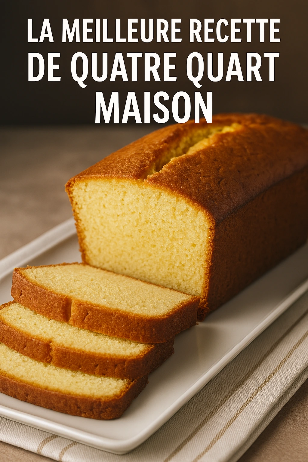 Photo d’un gâteau quatre-quarts maison, doré à l’extérieur et moelleux à l’intérieur, présenté tranché sur un plat blanc