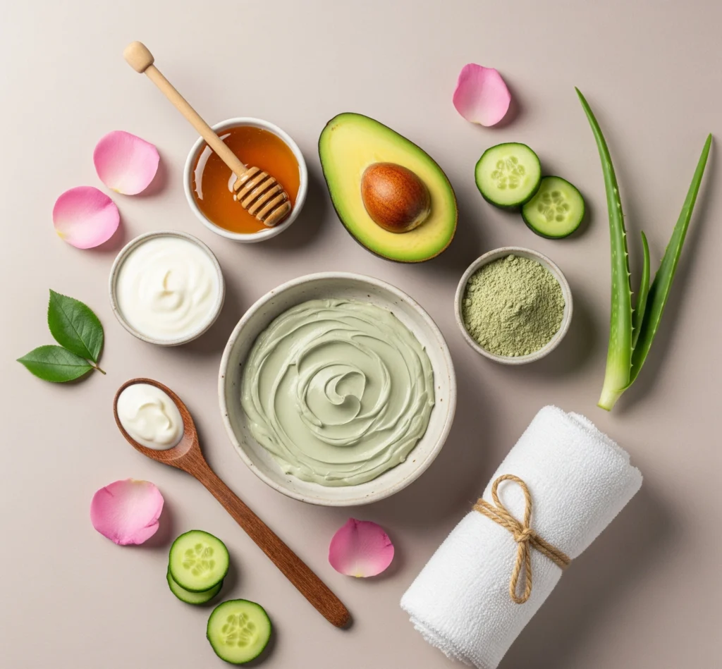 Masque visage maison dans un bol, avec des ingrédients naturels comme le miel, l’avocat, l’argile verte et le yaourt, ambiance spa naturelle et élégante.
