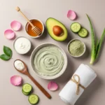 Masque visage maison dans un bol, avec des ingrédients naturels comme le miel, l’avocat, l’argile verte et le yaourt, ambiance spa naturelle et élégante.