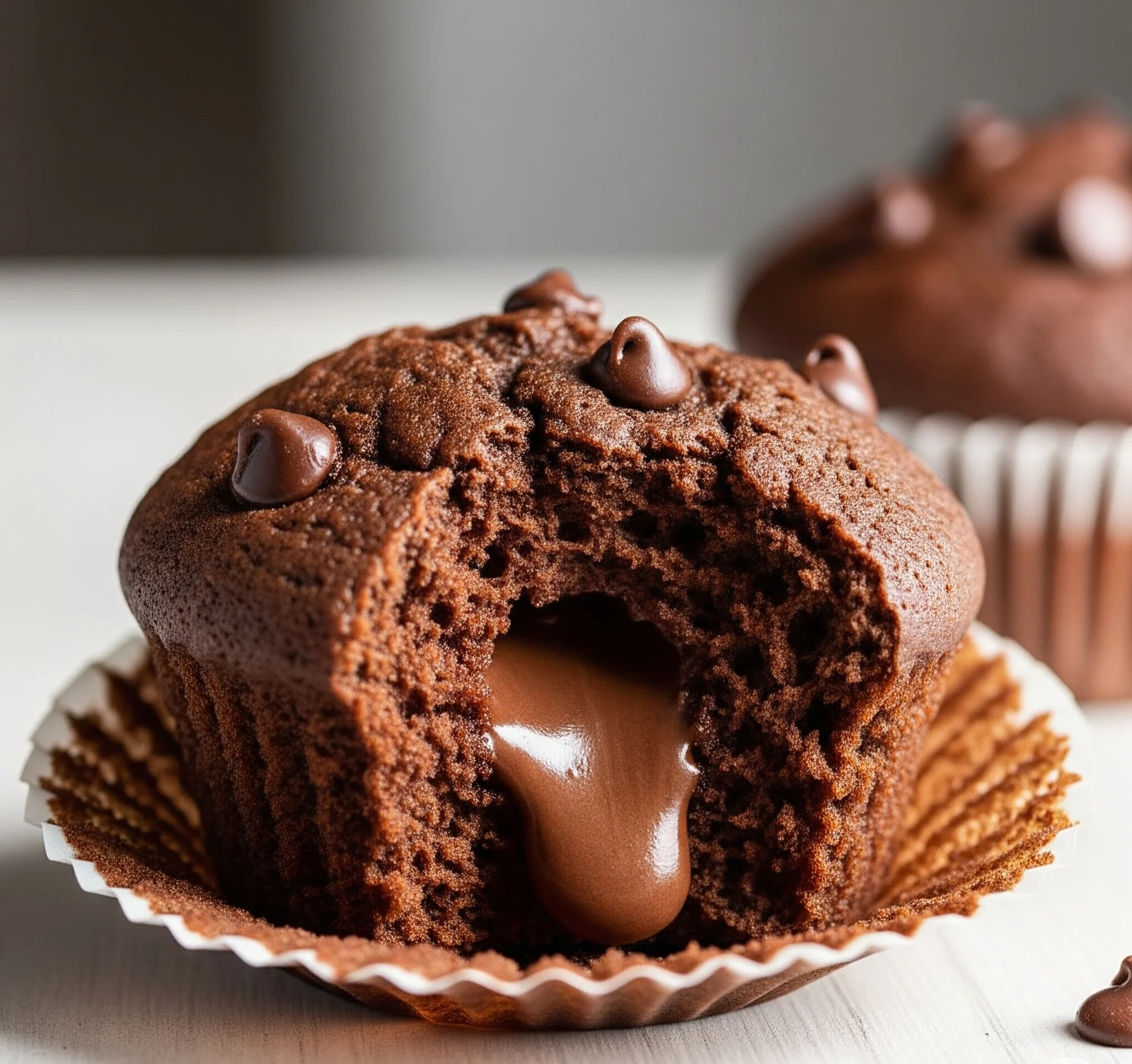 Muffin au chocolat moelleux et facile à préparer avec pépites de chocolat, présenté dans une caissette blanche.