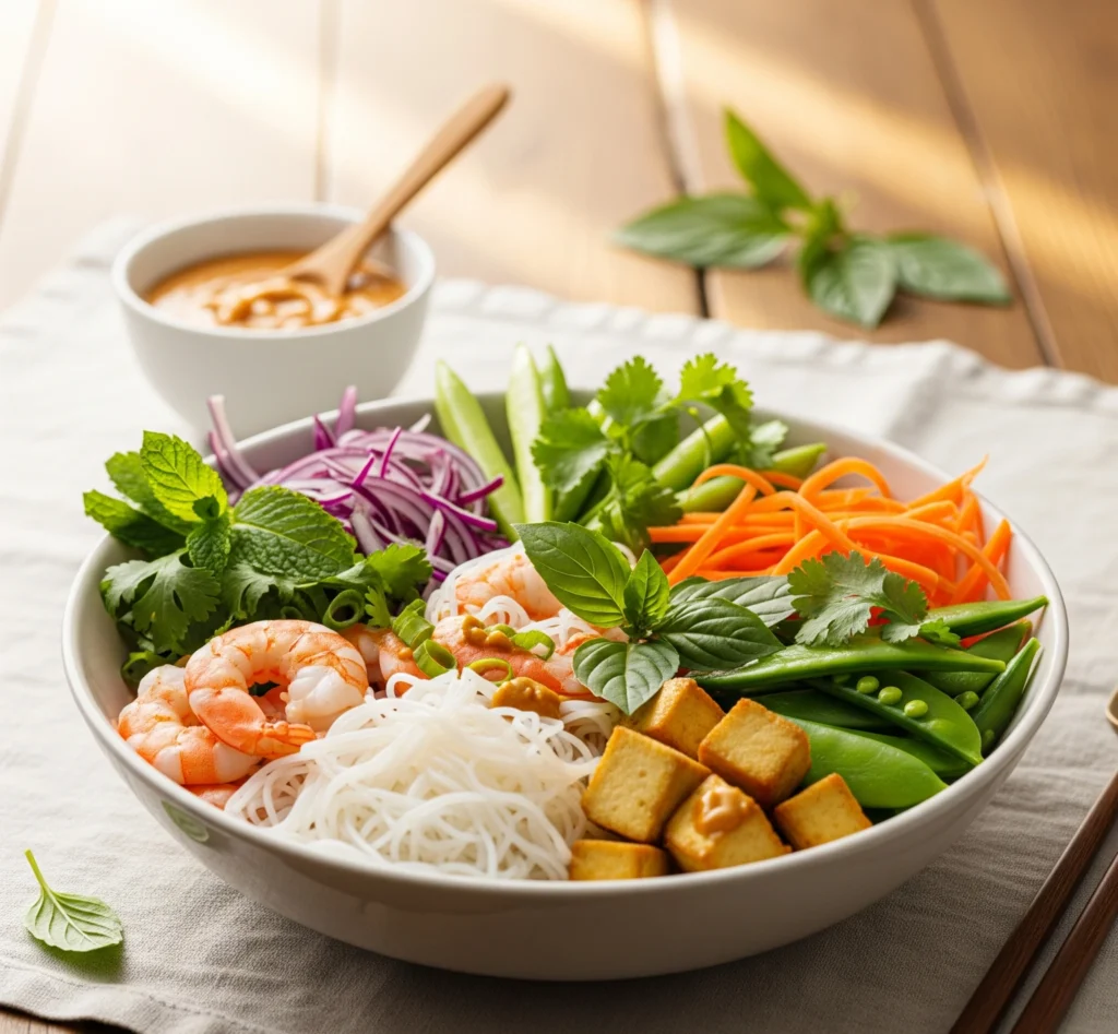 Bol coloré de rouleaux de printemps déstructurés avec crevettes, vermicelles de riz, légumes frais et tofu, cuits à la vapeur dans un cuiseur Instantané.