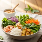 Bol coloré de rouleaux de printemps déstructurés avec crevettes, vermicelles de riz, légumes frais et tofu, cuits à la vapeur dans un cuiseur Instantané.