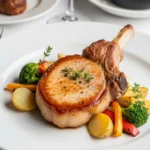 Côte de porc dorée à la poêle accompagnée de pommes de terre sautées et légumes poêlés