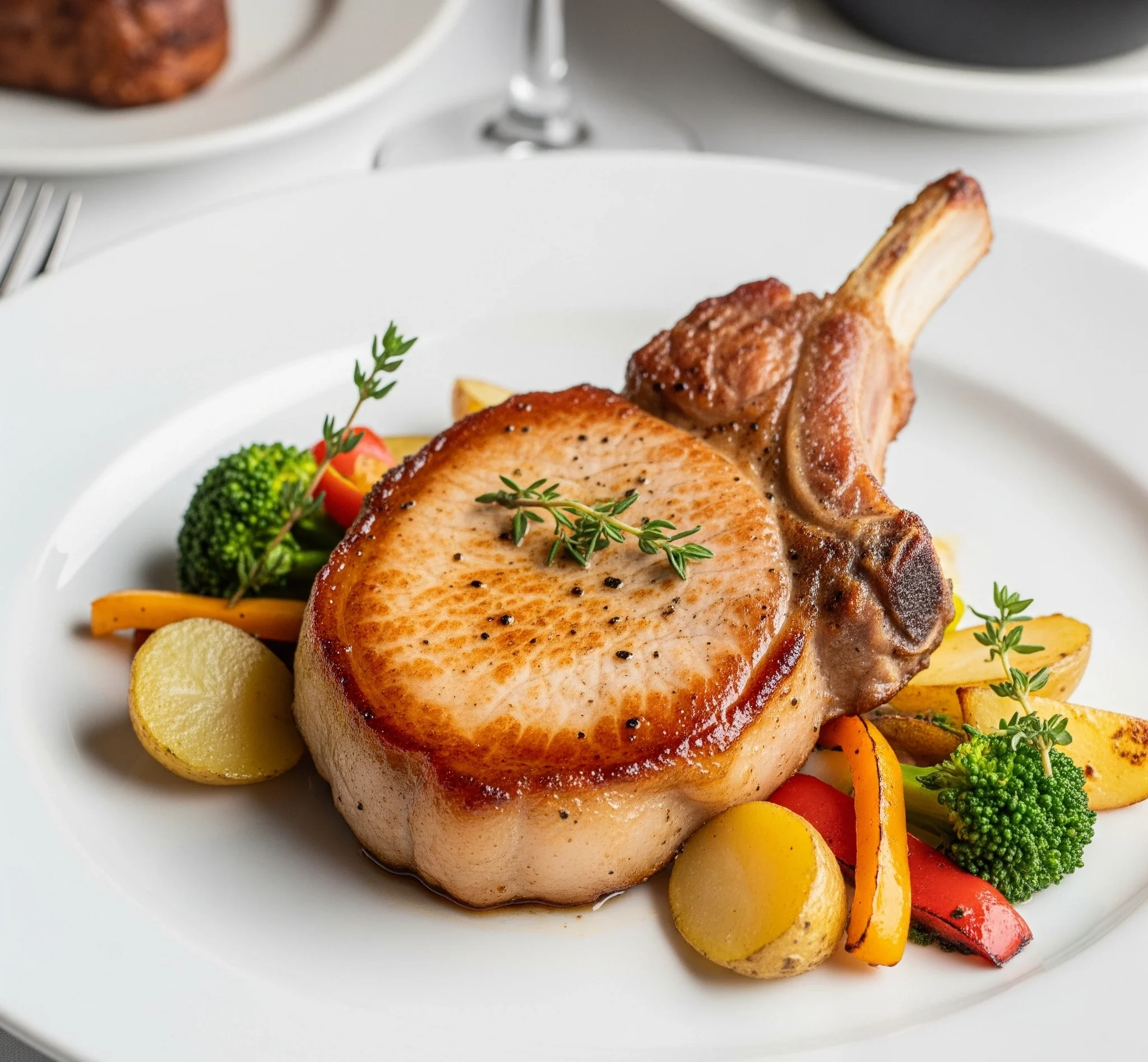 Côte de porc dorée à la poêle accompagnée de pommes de terre sautées et légumes poêlés