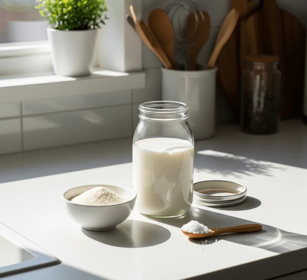 Ingrédients pour recette de fromage blanc maison : 1 litre de lait entier, 2 cuillères à soupe de ferments lactiques et 1 pincée de sel