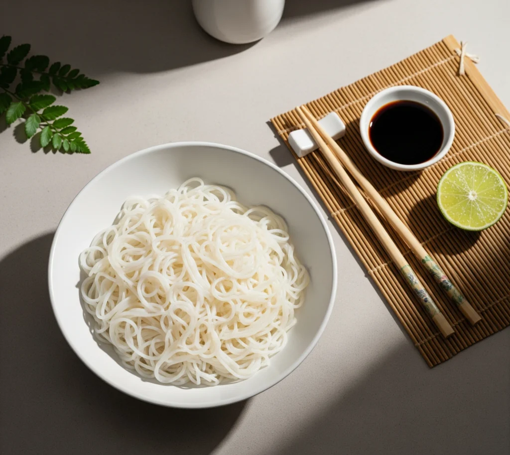 Bol de vermicelles de riz bien cuits, translucides et non collants, présentés dans un cadre élégant avec baguettes et sauce soja