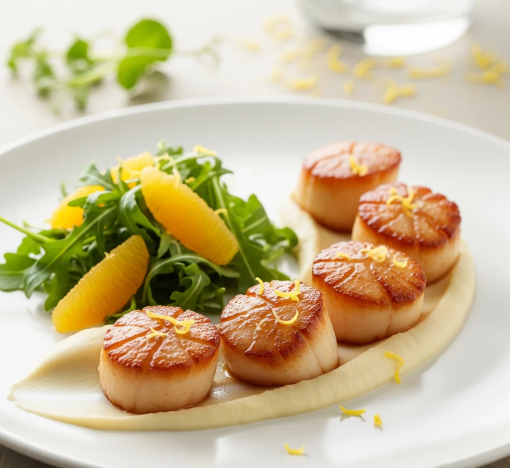 Noix de Saint-Jacques poêlées dorées servies sur purée de céleri, plat raffiné et facile à préparer