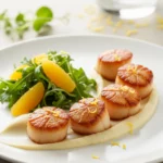 Noix de Saint-Jacques poêlées dorées servies sur purée de céleri, plat raffiné et facile à préparer