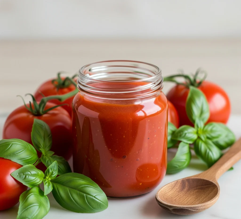 Bocal de sauce tomate prête de qualité entouré de tomates fraîches et basilic