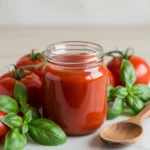 Bocal de sauce tomate prête de qualité entouré de tomates fraîches et basilic