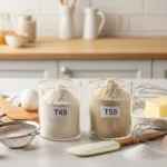 Sac ou bol de farine T45 et farine T55 côte à côte sur un plan de travail, avec des ustensiles de pâtisserie