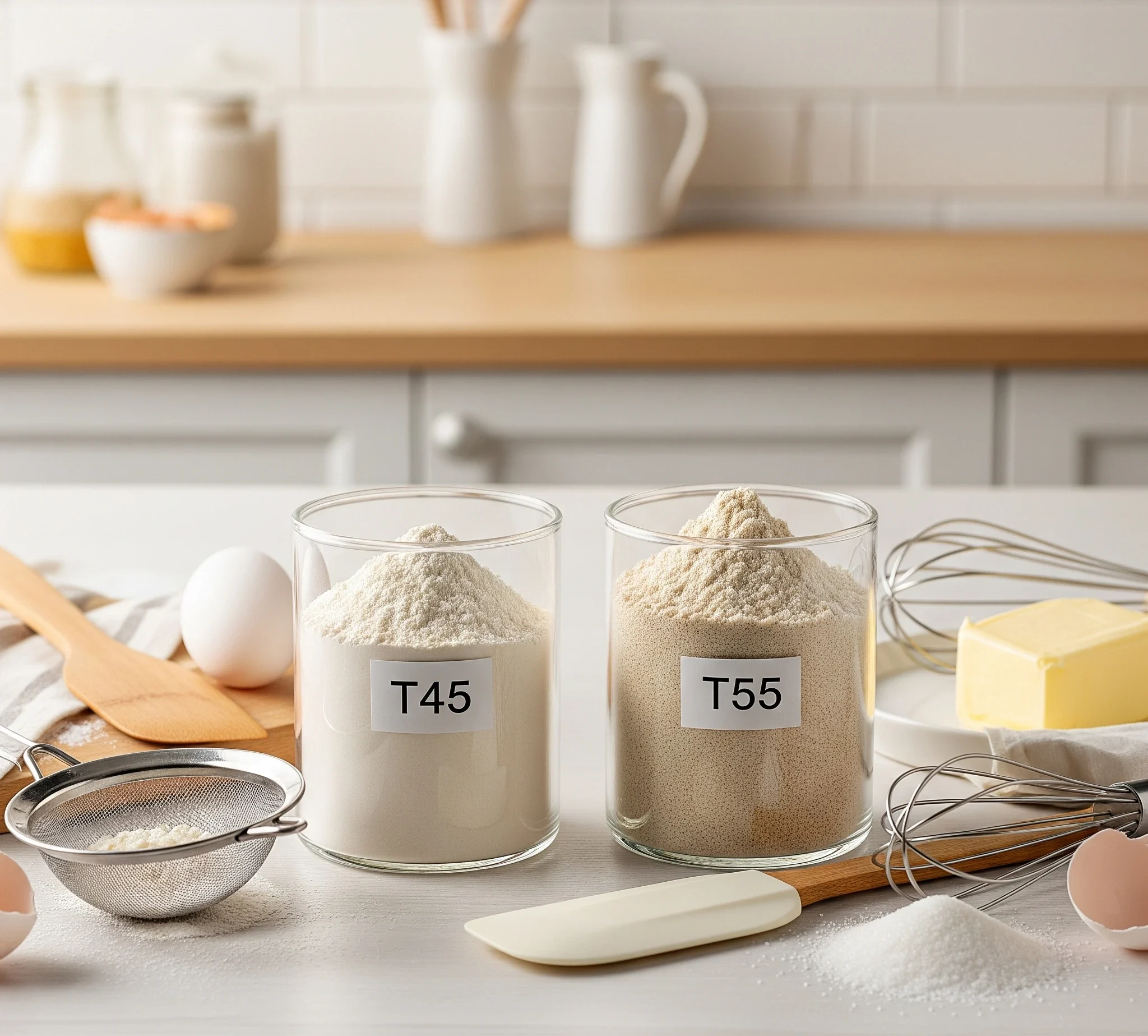 Sac ou bol de farine T45 et farine T55 côte à côte sur un plan de travail, avec des ustensiles de pâtisserie