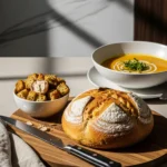 Pain maison doré tranché et croûtons croustillants servis en accompagnement d’une soupe chaude.