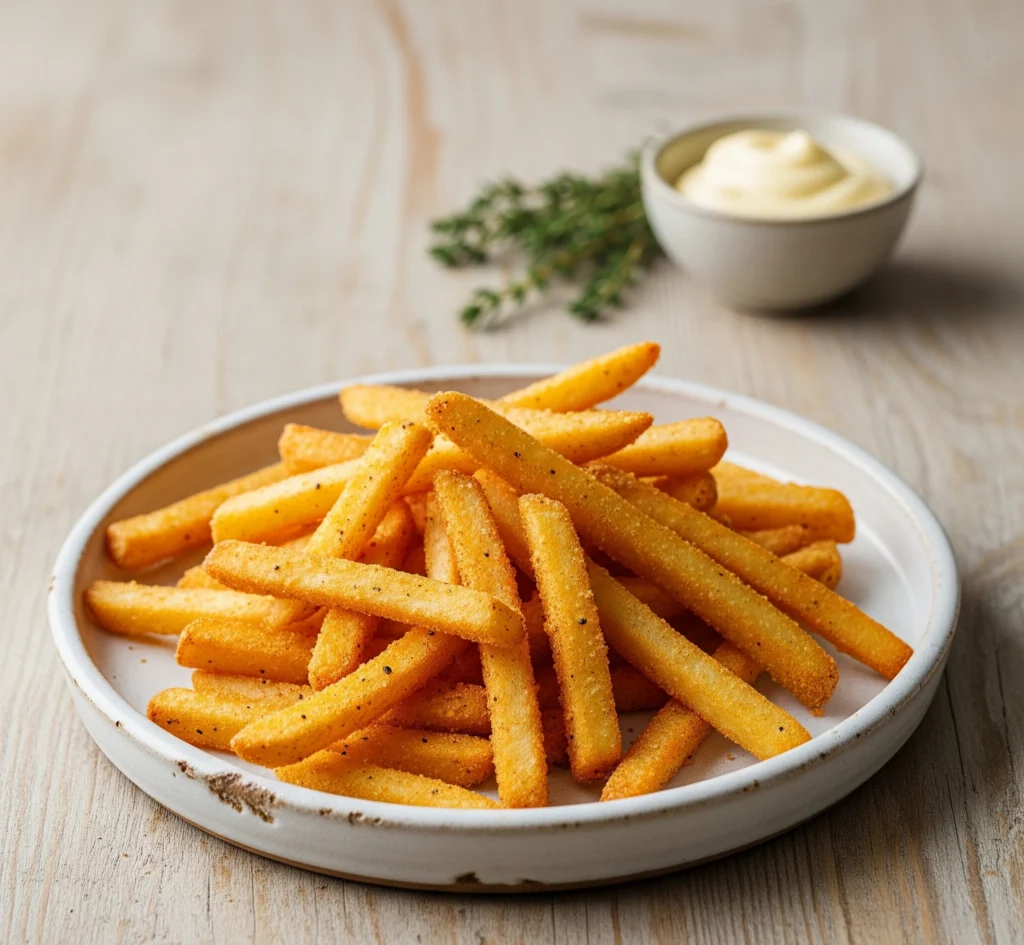 Recette crispy French fries maison cuites au four ou en friteuse, frites croustillantes dorées.
