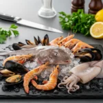 Plateau élégant de fruits de mer frais avec lotte, crevettes crues décortiquées, moules et calmars sur glace, illustrant la fraîcheur et la qualité.