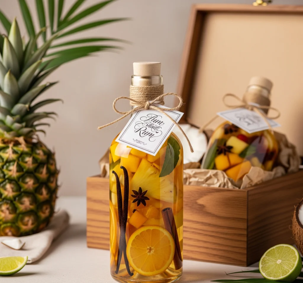 Bouteille de rhum arrangé maison avec fruits exotiques et épices, décorée dans un coffret cadeau artisanal.