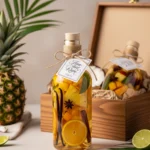 Bouteille de rhum arrangé maison avec fruits exotiques et épices, décorée dans un coffret cadeau artisanal.