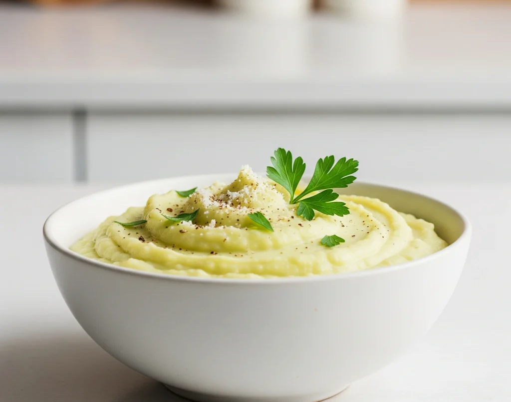 Assiette de purée de céleri onctueuse et crémeuse, garnie de noix de muscade et de persil frais, servie dans un bol blanc