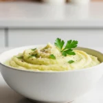 Assiette de purée de céleri onctueuse et crémeuse, garnie de noix de muscade et de persil frais, servie dans un bol blanc
