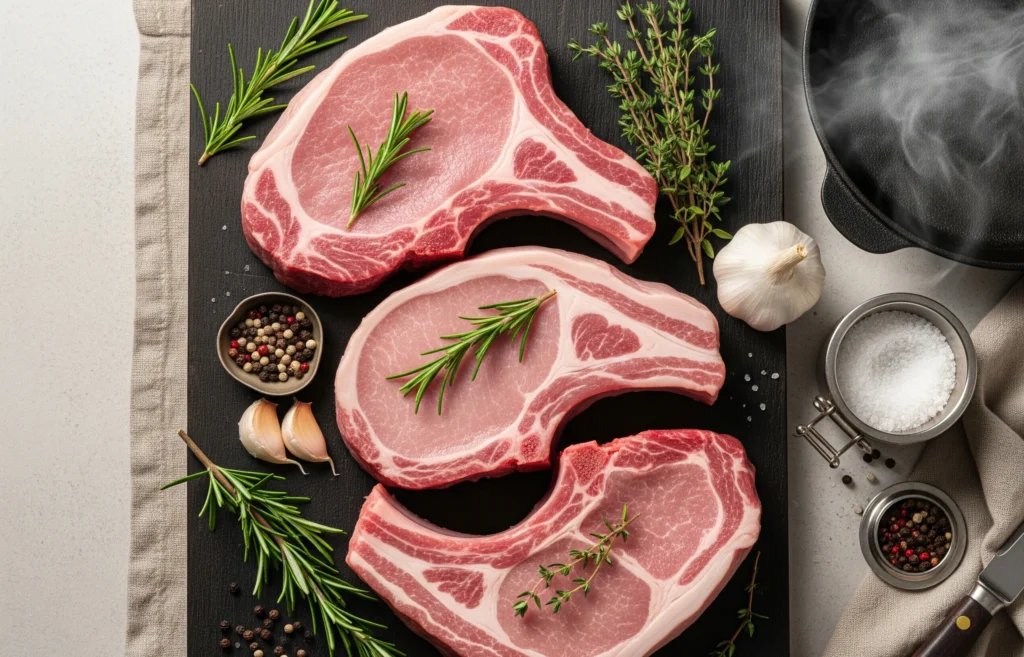 Trois côtes de porc crues – filet, échine et côte première – présentées sur une planche en bois avec herbes fraîches et poêle en fonte en arrière-plan.