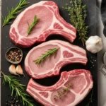 Trois côtes de porc crues – filet, échine et côte première – présentées sur une planche en bois avec herbes fraîches et poêle en fonte en arrière-plan.