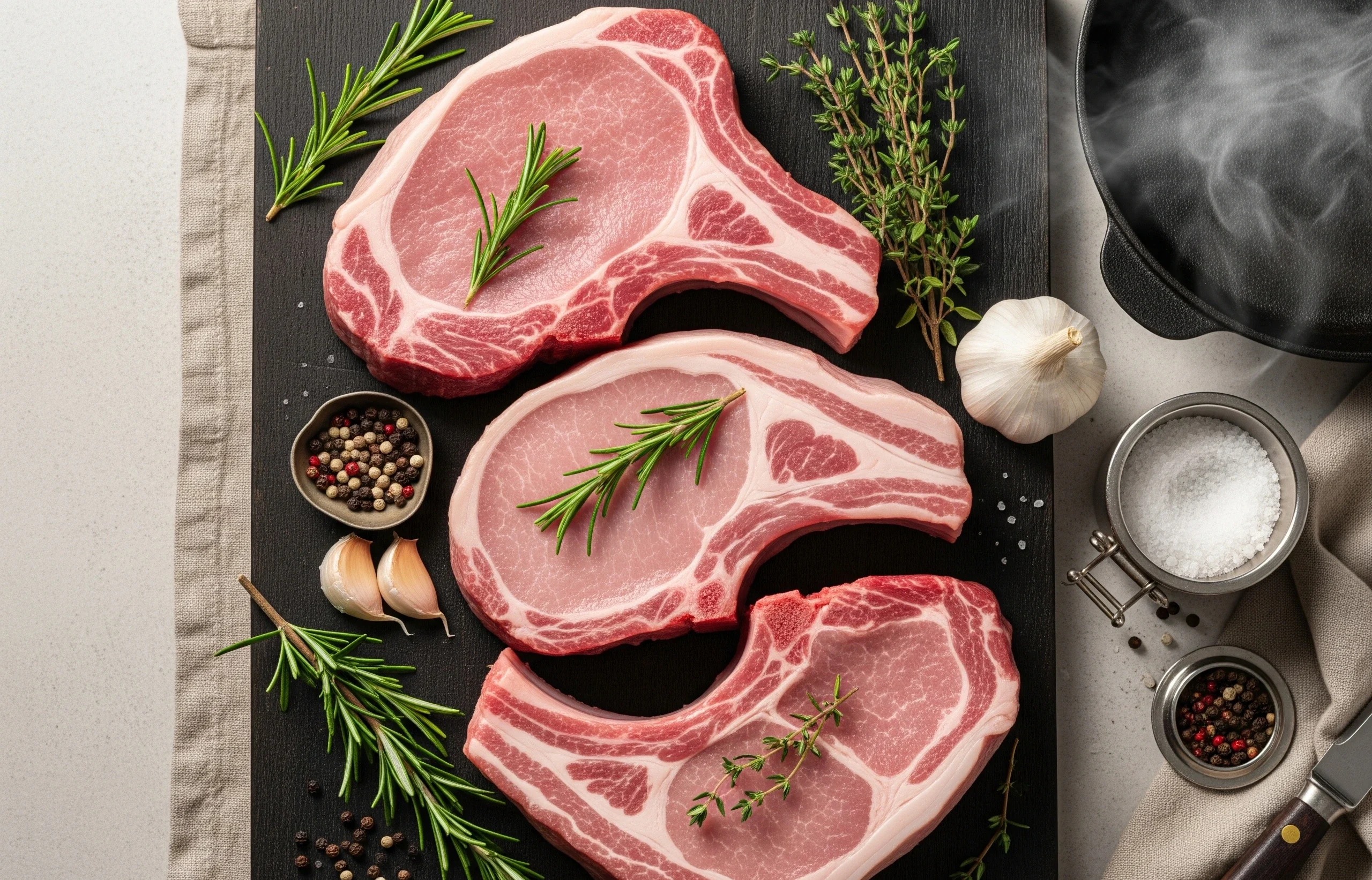 Trois côtes de porc crues – filet, échine et côte première – présentées sur une planche en bois avec herbes fraîches et poêle en fonte en arrière-plan.