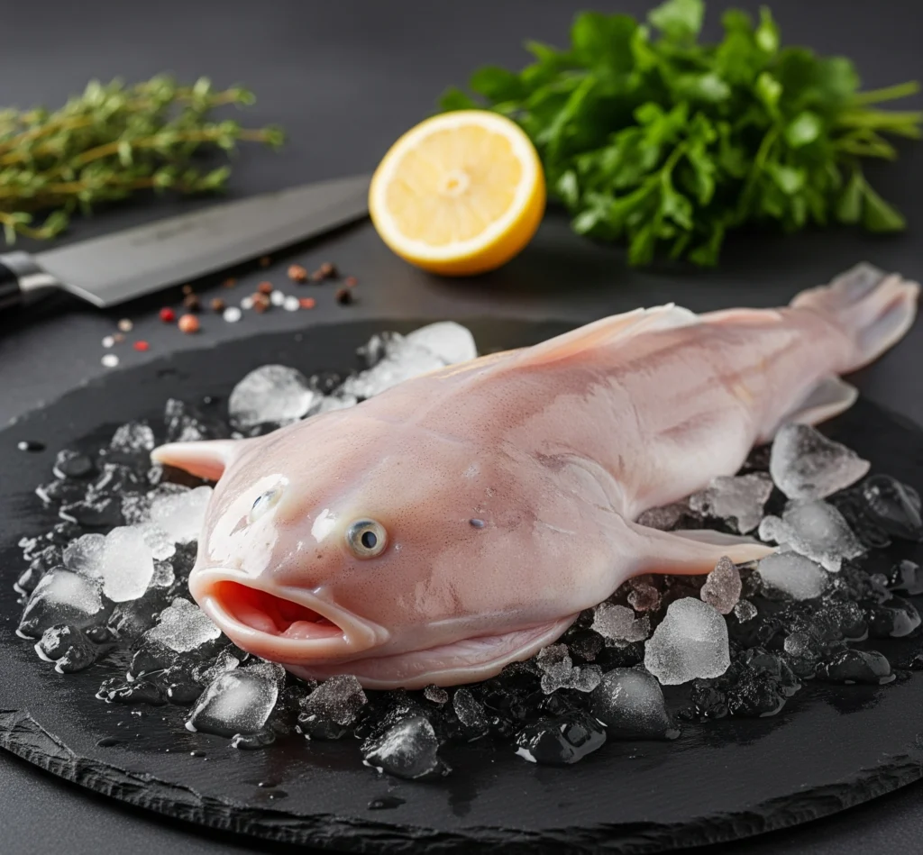 Lotte fraîche et entière posée sur glace, à la chair blanche et ferme, idéale pour les recettes de fruits de mer.