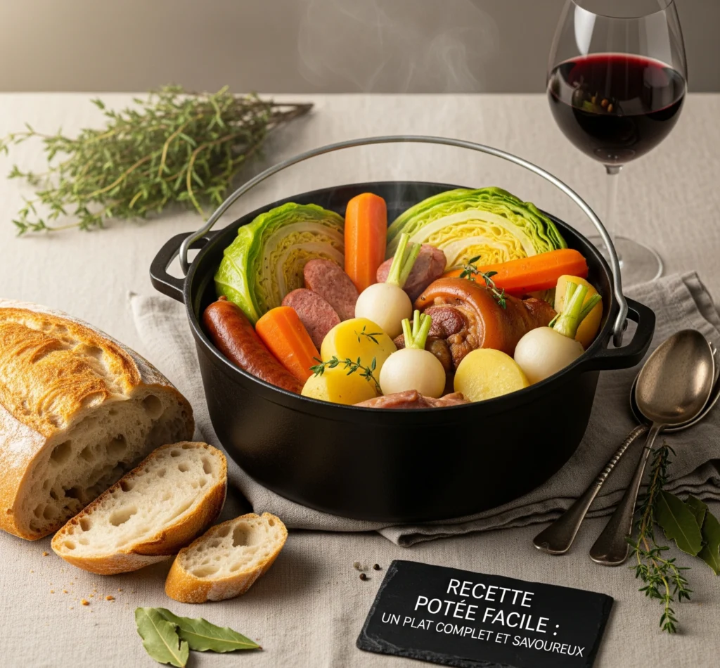 Potée maison servie dans une cocotte fumante avec légumes rustiques et viandes fondantes