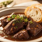 Assiette de joue de bœuf mijotée au vin rouge, servie avec purée de pommes de terre et sauce onctueuse