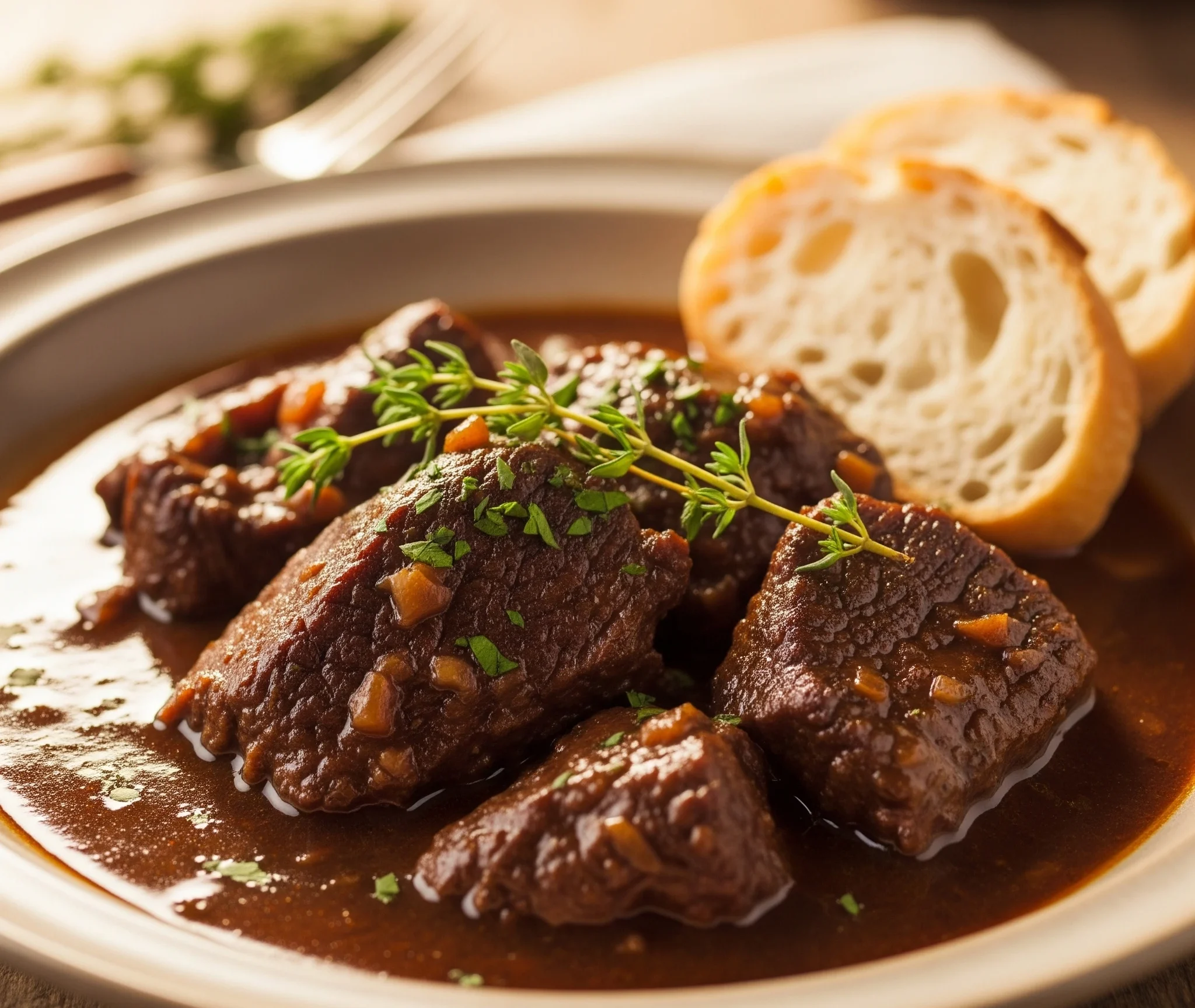 Assiette de joue de bœuf mijotée au vin rouge, servie avec purée de pommes de terre et sauce onctueuse