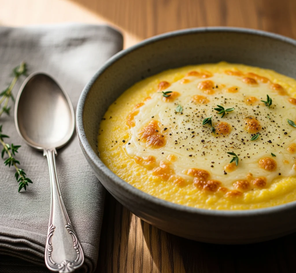 Photo d’une polenta crémeuse au parmesan, onctueuse et dorée, servie dans un bol en céramique avec du parmesan râpé et des herbes fraîches