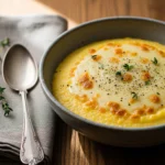 Photo d’une polenta crémeuse au parmesan, onctueuse et dorée, servie dans un bol en céramique avec du parmesan râpé et des herbes fraîches