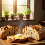 Tranches de pain de campagne grillé maison, croustillantes et dorées, servies sur une planche en bois rustique